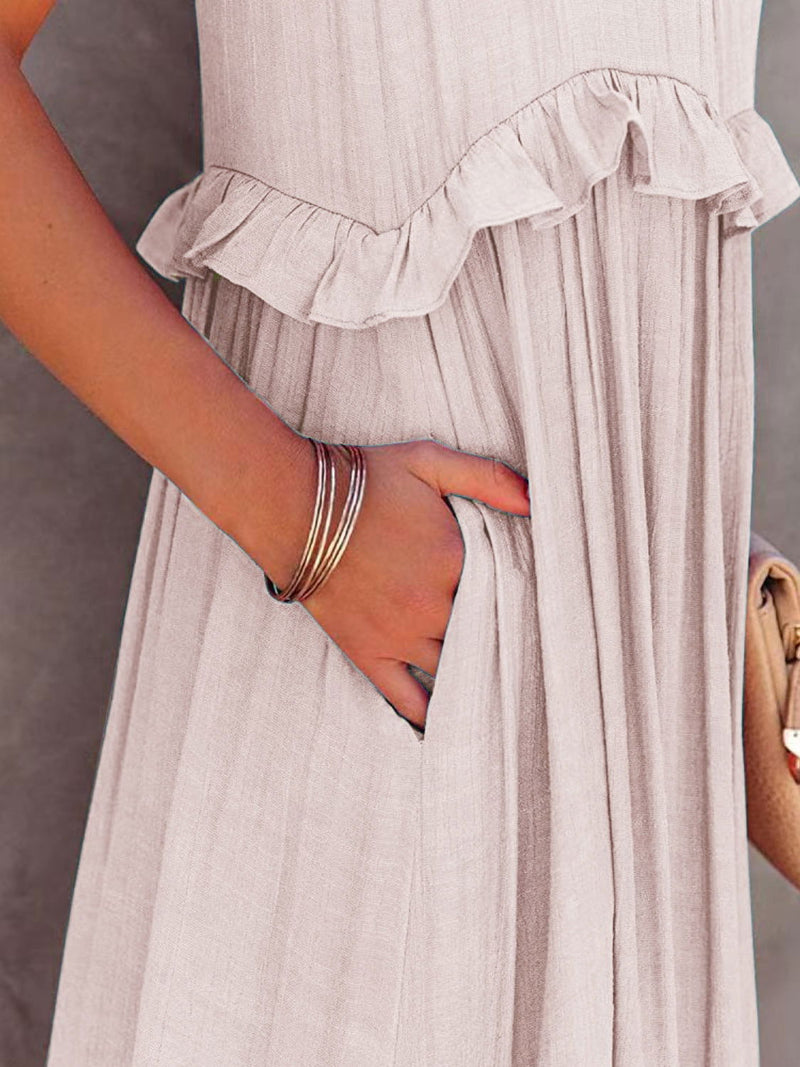Ruffled Sleeveless Maxi Dress with Pockets - ShopEbonyMonique