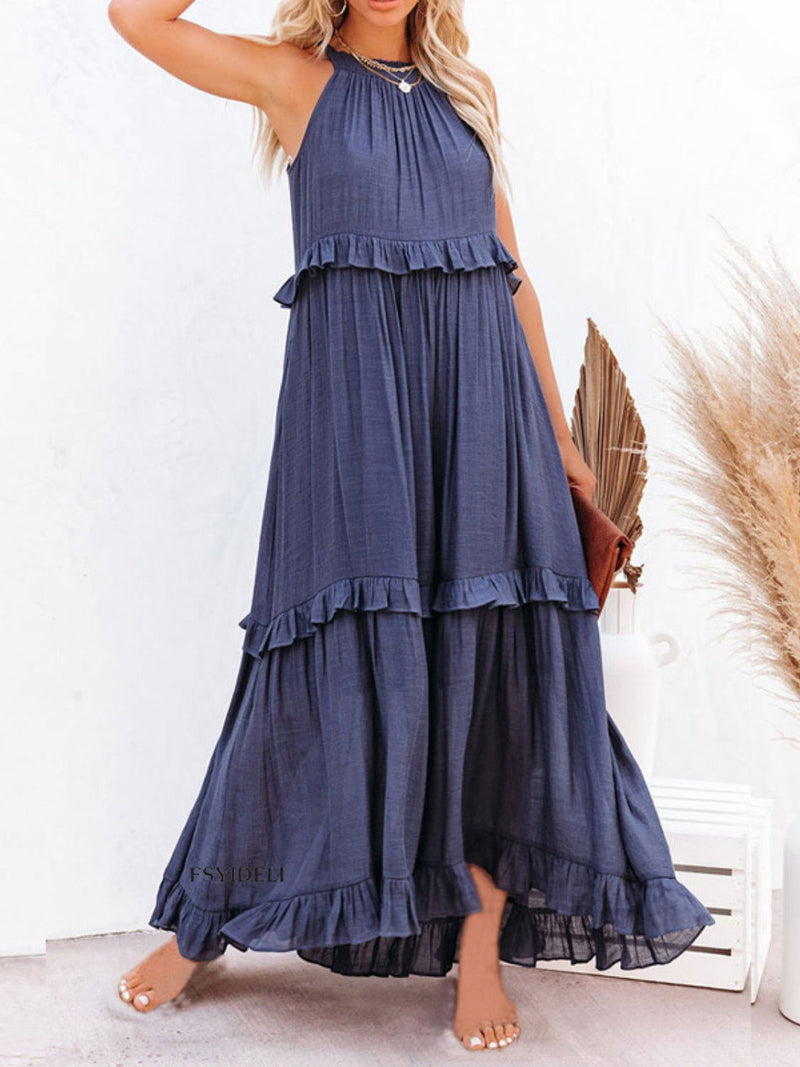 Ruffled Sleeveless Maxi Dress with Pockets - ShopEbonyMonique