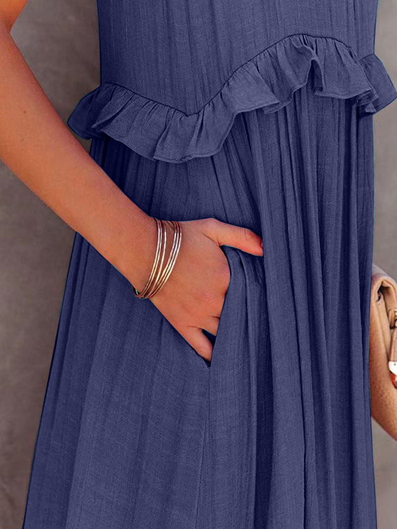 Ruffled Sleeveless Maxi Dress with Pockets - ShopEbonyMonique