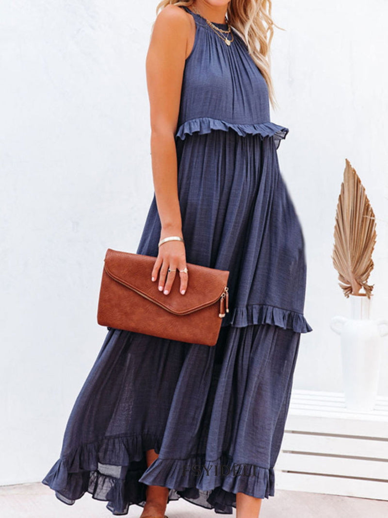 Ruffled Sleeveless Maxi Dress with Pockets - ShopEbonyMonique