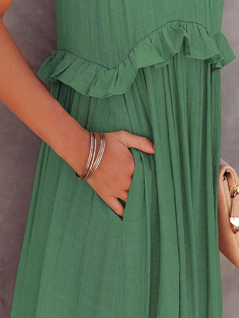 Ruffled Sleeveless Maxi Dress with Pockets - ShopEbonyMonique