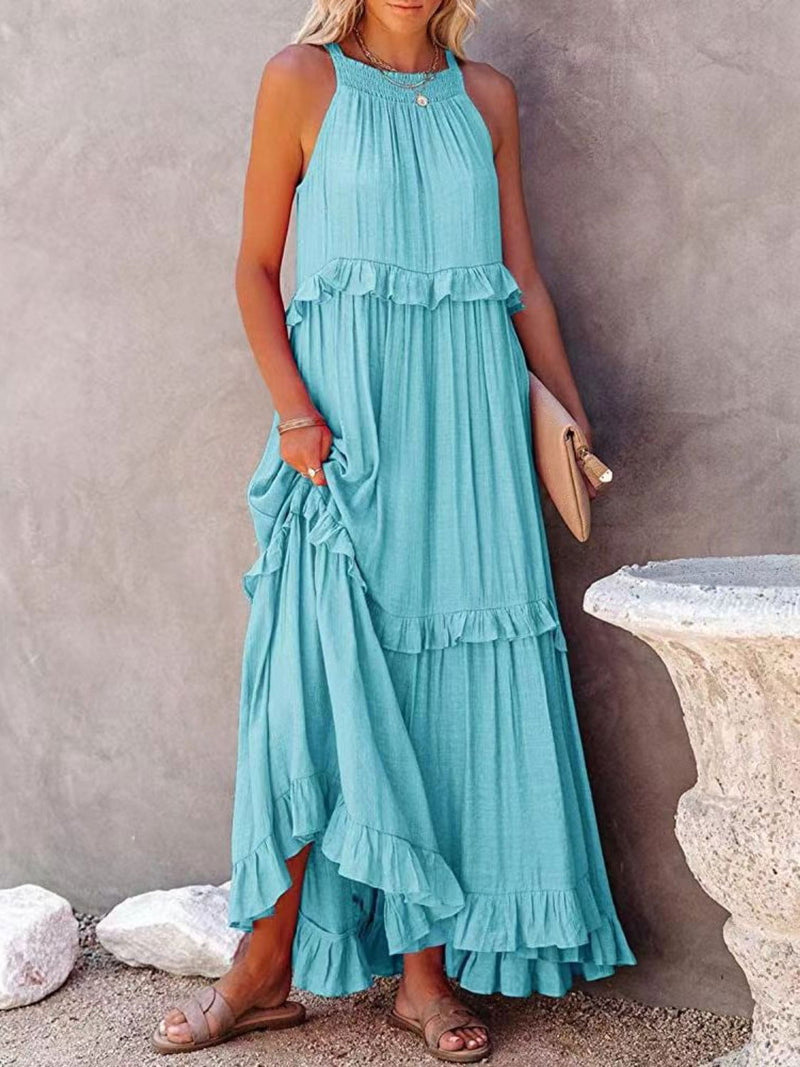 Ruffled Sleeveless Maxi Dress with Pockets - ShopEbonyMonique