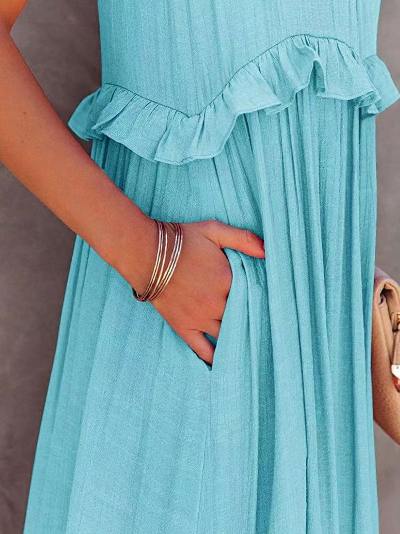 Ruffled Sleeveless Maxi Dress with Pockets - ShopEbonyMonique