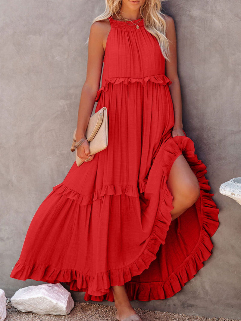 Ruffled Sleeveless Maxi Dress with Pockets - ShopEbonyMonique