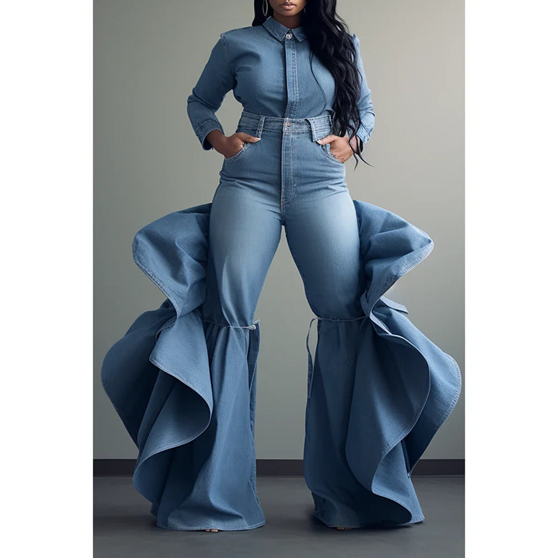 Plus Size Daily Jeans New Blue Denim Ruffled Flared - ShopEbonyMonique