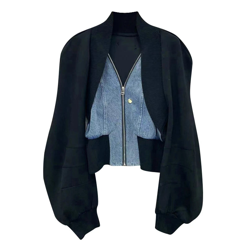 Fashionable Denim Stitching Zipper Lantern Sleeve Jacket - ShopEbonyMonique