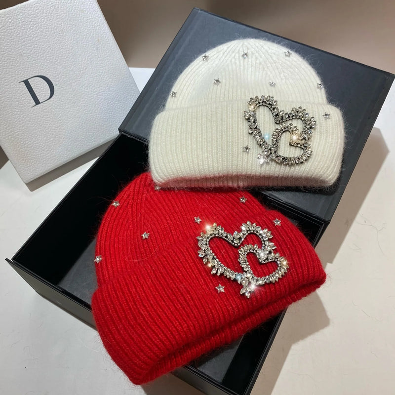 EM Women's Knitted Hat Rhinestones Heart Hats - ShopEbonyMonique