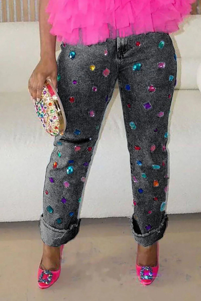 Casual Blue Denim Rhinestone Ripped Jeans - ShopEbonyMonique