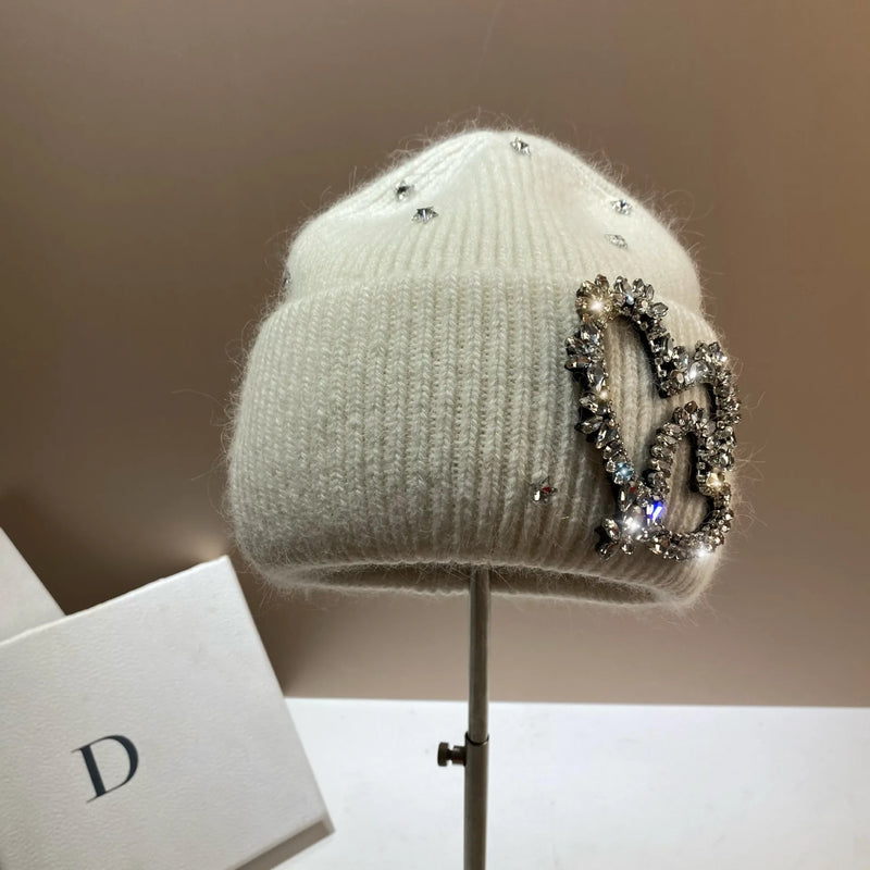 EM Women's Knitted Hat Rhinestones Heart Hats - ShopEbonyMonique