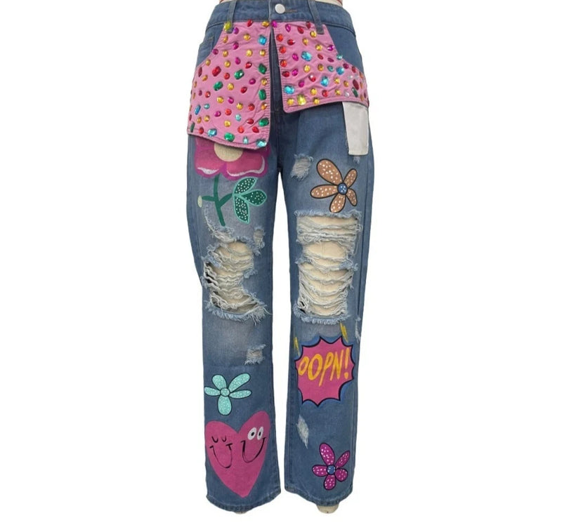 EM Print Diamond Loose Jeans - ShopEbonyMonique