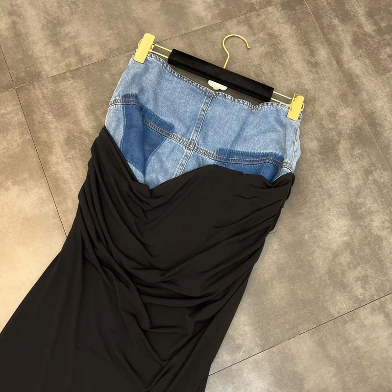 Deep V Neck Sleeveless Drawstring Denim andHigh Waist Split Long Skirt - ShopEbonyMonique