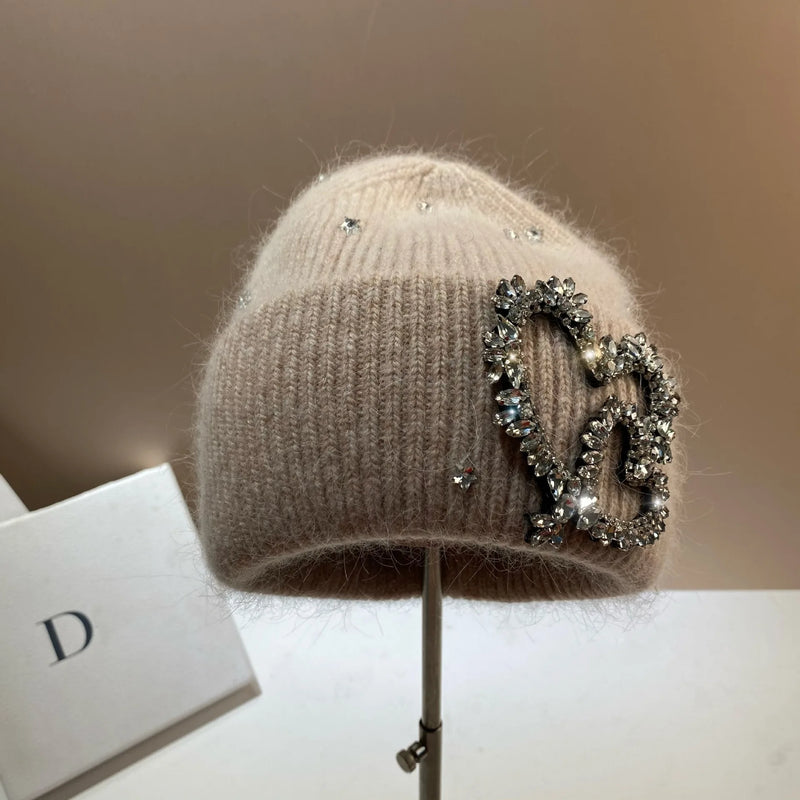 EM Women's Knitted Hat Rhinestones Heart Hats - ShopEbonyMonique