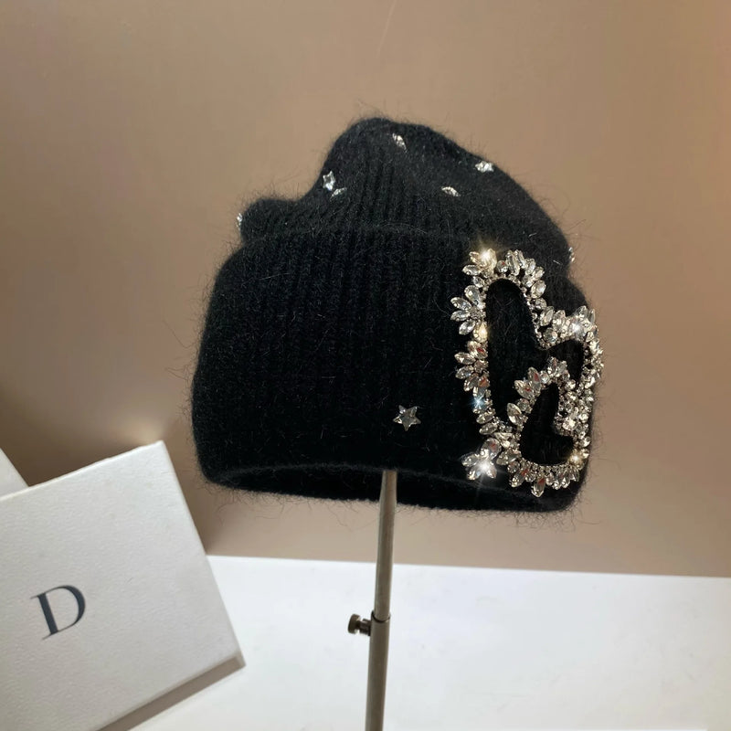 EM Women's Knitted Hat Rhinestones Heart Hats - ShopEbonyMonique