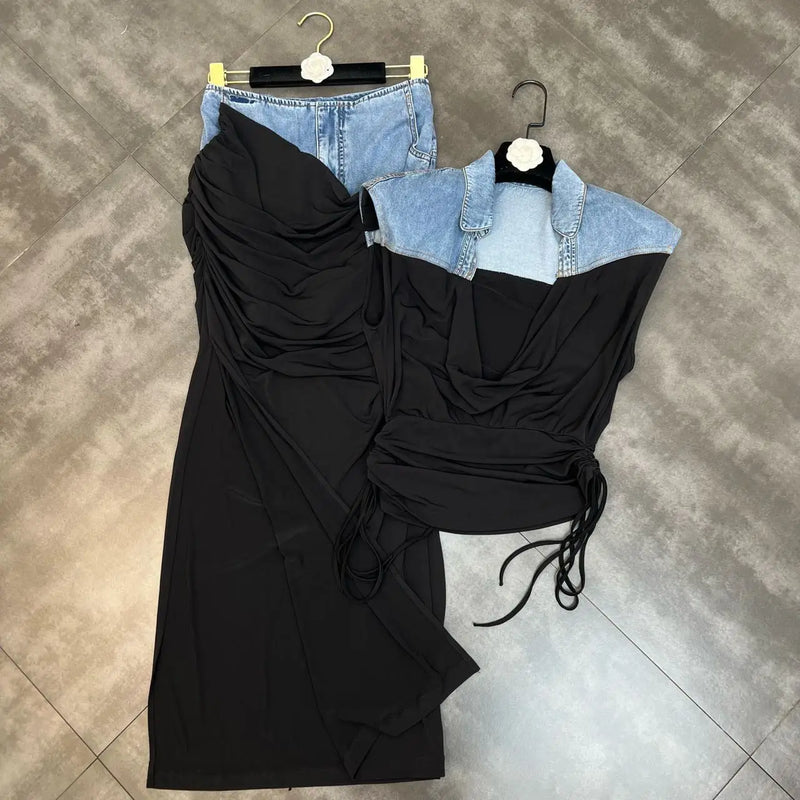 Deep V Neck Sleeveless Drawstring Denim andHigh Waist Split Long Skirt - ShopEbonyMonique