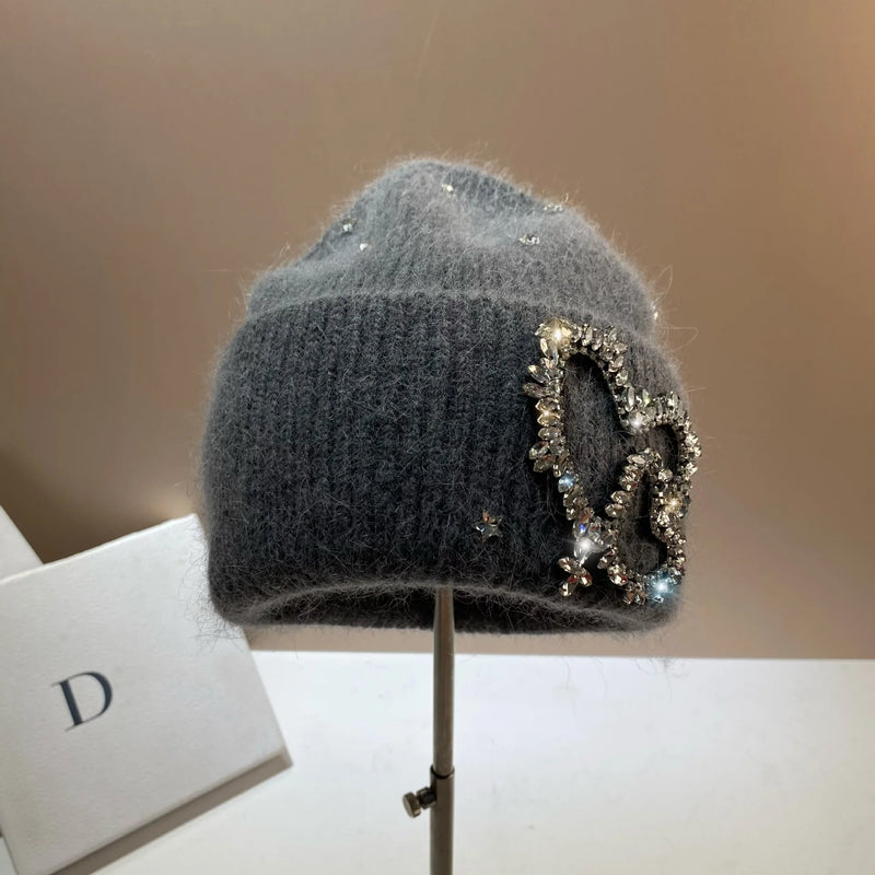 EM Women's Knitted Hat Rhinestones Heart Hats - ShopEbonyMonique