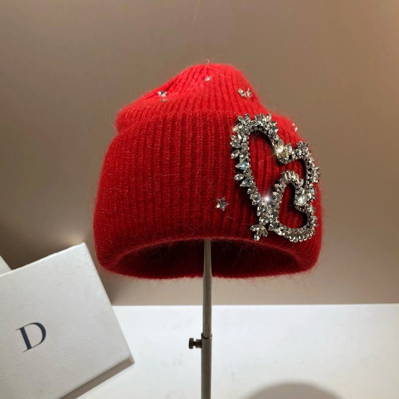 EM Women's Knitted Hat Rhinestones Heart Hats - ShopEbonyMonique