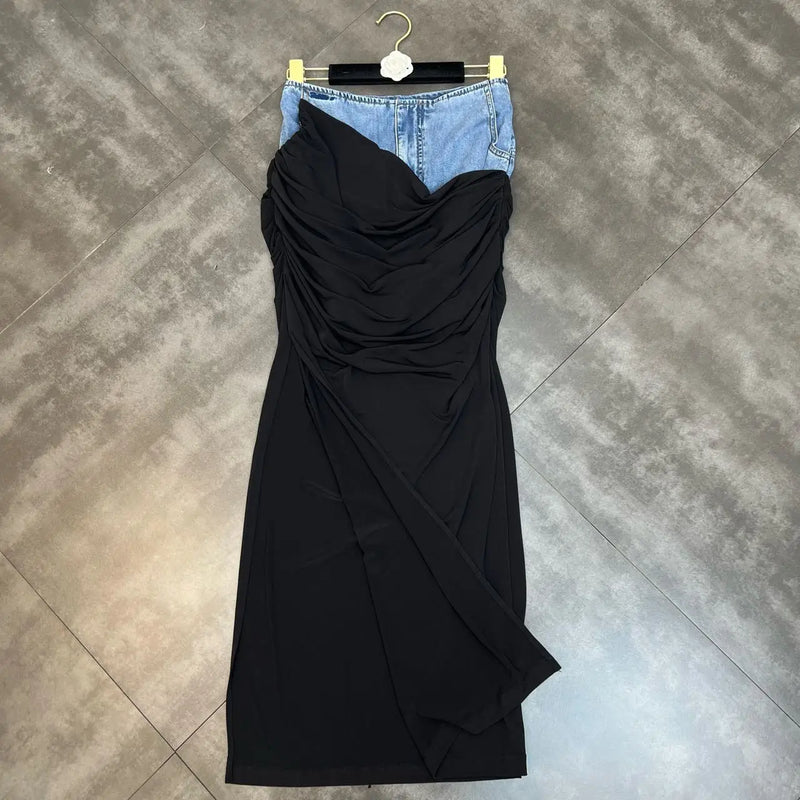 Deep V Neck Sleeveless Drawstring Denim andHigh Waist Split Long Skirt - ShopEbonyMonique