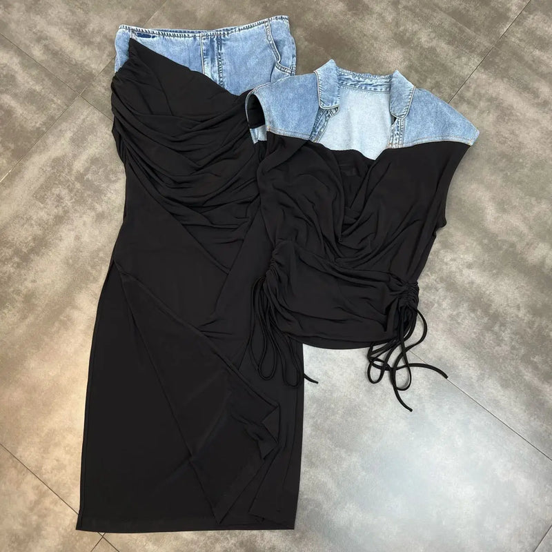 Deep V Neck Sleeveless Drawstring Denim andHigh Waist Split Long Skirt - ShopEbonyMonique