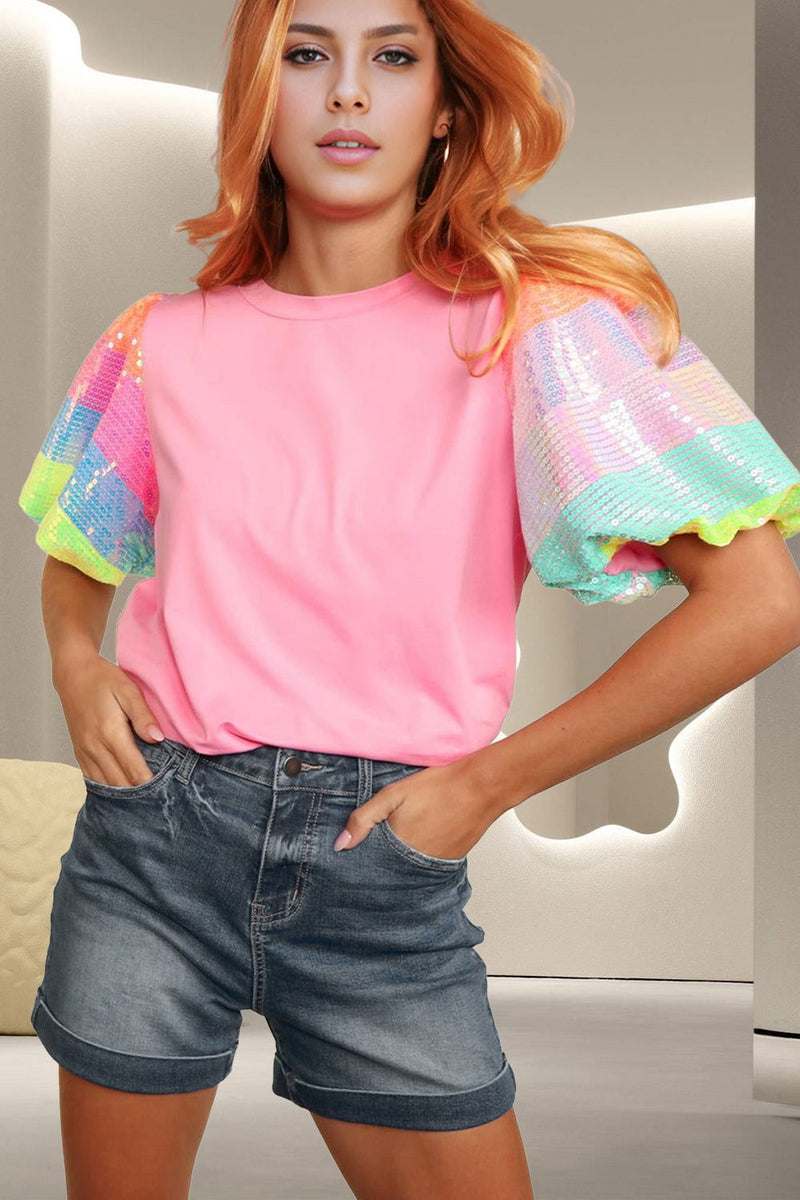 Sequin Round Neck Short Sleeve Blouse - ShopEbonyMonique