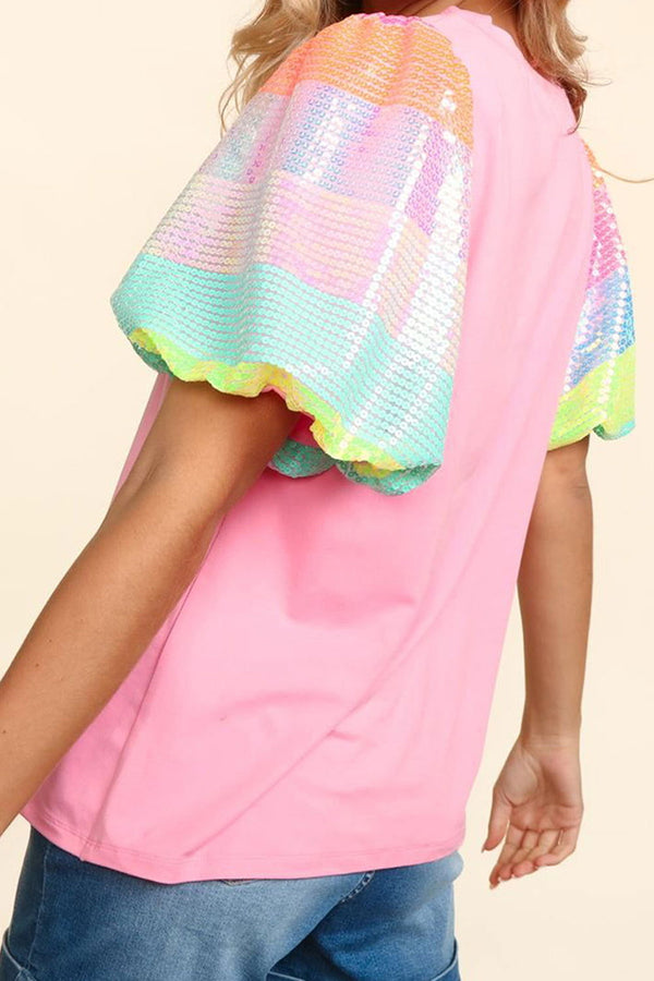 Sequin Round Neck Short Sleeve Blouse - ShopEbonyMonique