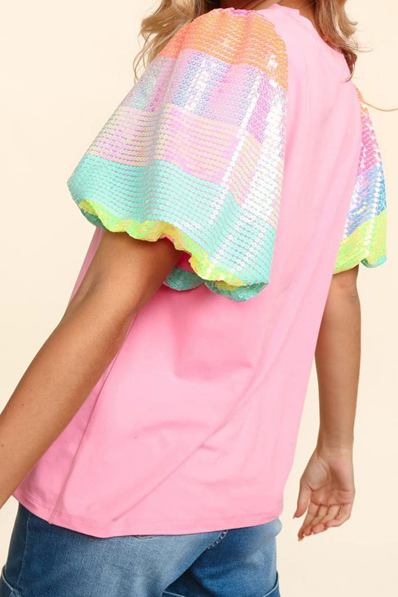 Sequin Round Neck Short Sleeve Blouse - ShopEbonyMonique