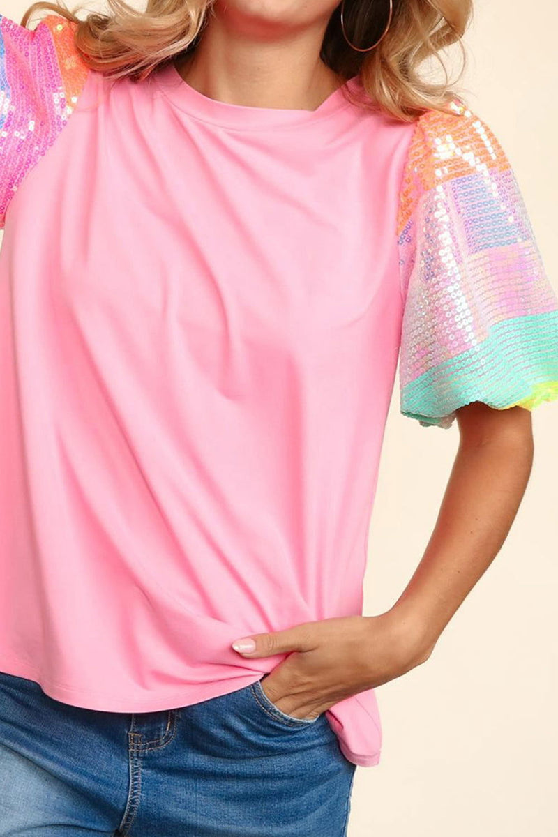 Sequin Round Neck Short Sleeve Blouse - ShopEbonyMonique