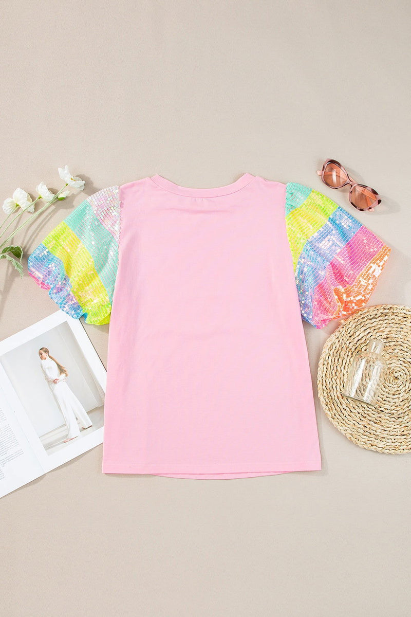 Sequin Round Neck Short Sleeve Blouse - ShopEbonyMonique