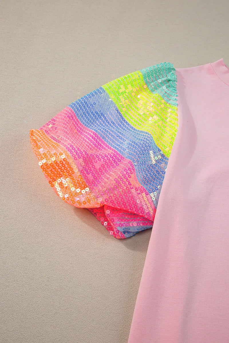 Sequin Round Neck Short Sleeve Blouse - ShopEbonyMonique