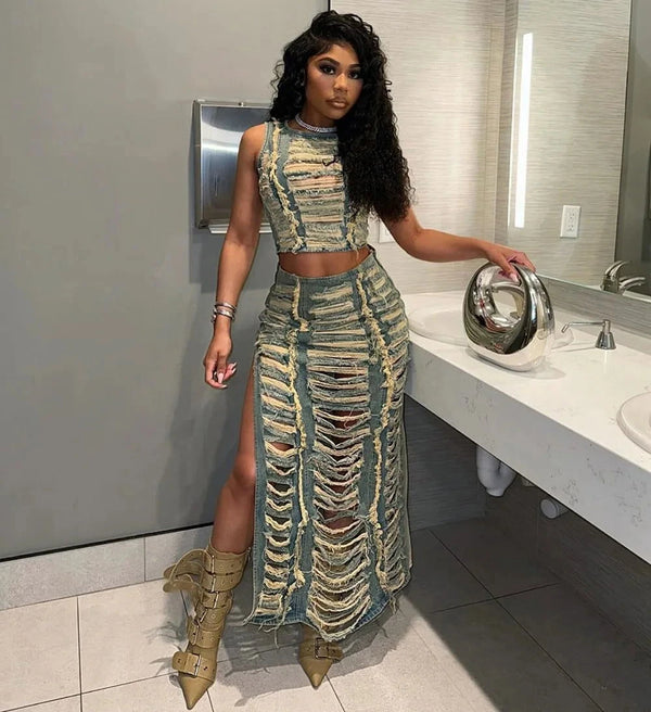 Streetwear Denim Hole Hollow Sleeveless Crop Top And Side Slit Skirts - ShopEbonyMonique