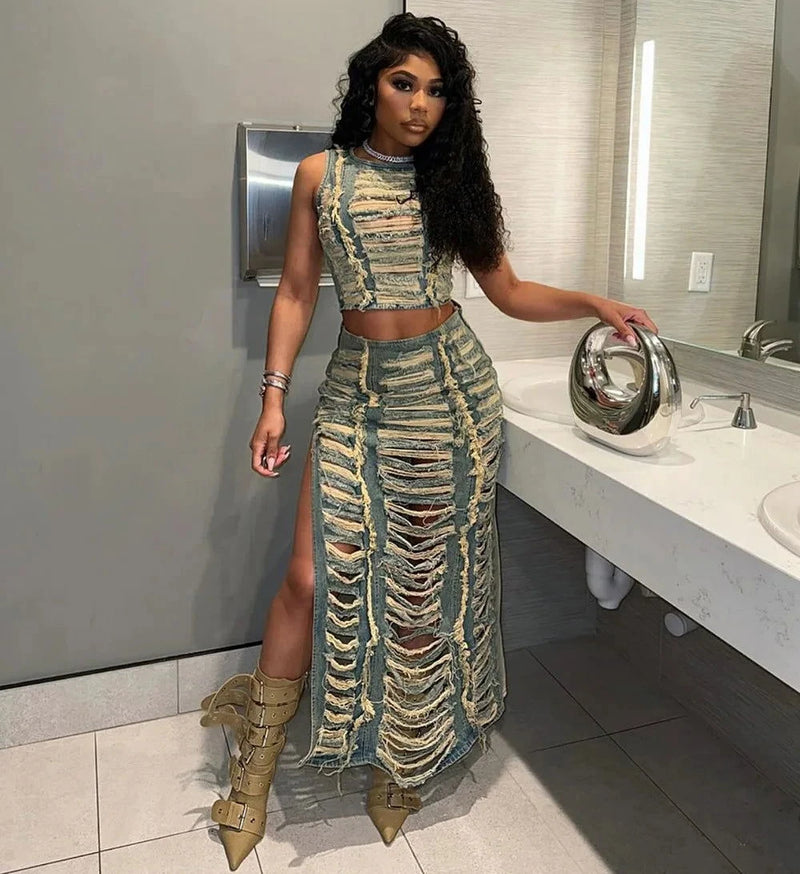 Streetwear Denim Hole Hollow Sleeveless Crop Top And Side Slit Skirts - ShopEbonyMonique