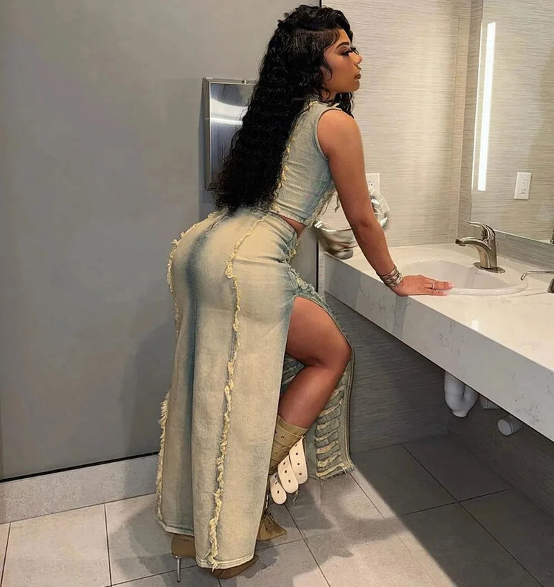 Streetwear Denim Hole Hollow Sleeveless Crop Top And Side Slit Skirts - ShopEbonyMonique