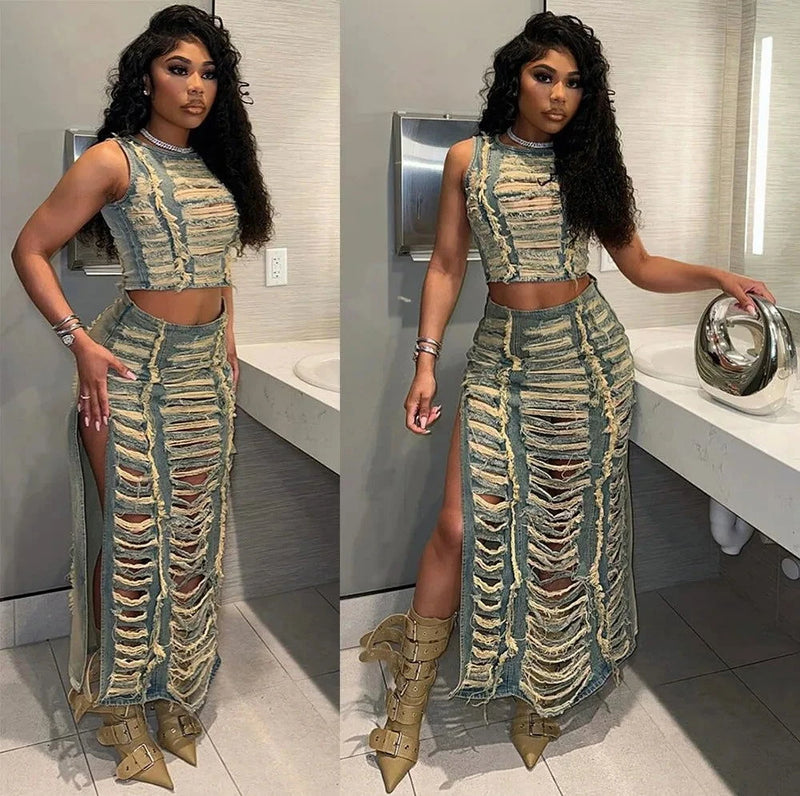 Streetwear Denim Hole Hollow Sleeveless Crop Top And Side Slit Skirts - ShopEbonyMonique
