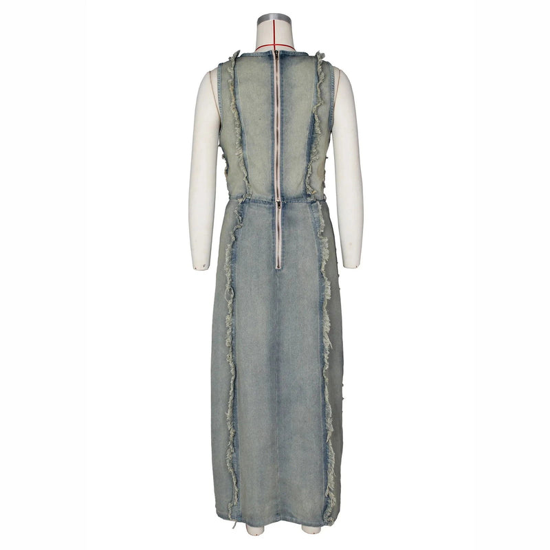 Streetwear Denim Hole Hollow Sleeveless Crop Top And Side Slit Skirts - ShopEbonyMonique