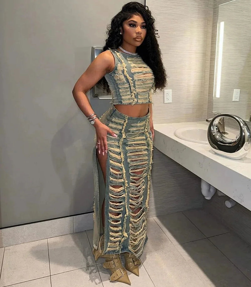 Streetwear Denim Hole Hollow Sleeveless Crop Top And Side Slit Skirts - ShopEbonyMonique