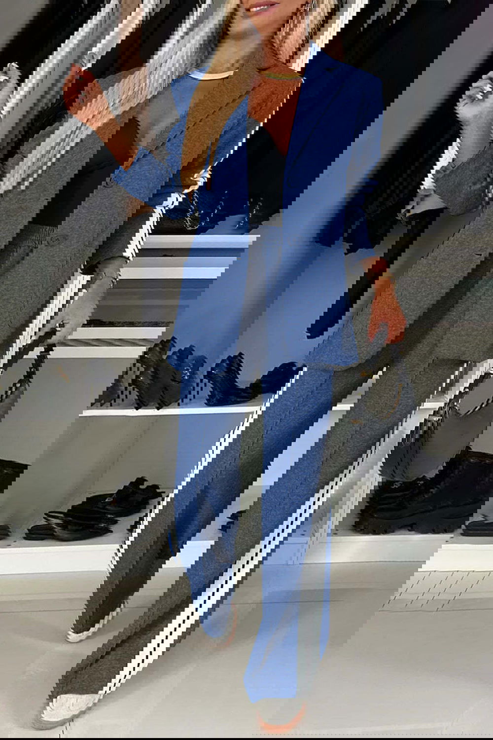 Stripe Contrast Lapel Collar Top and Pants Set - ShopEbonyMonique