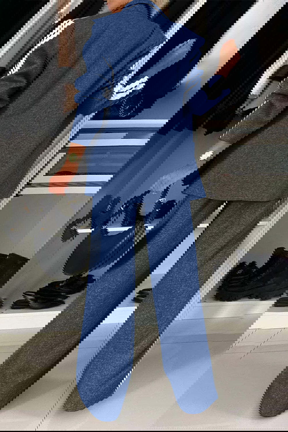 Stripe Contrast Lapel Collar Top and Pants Set - ShopEbonyMonique