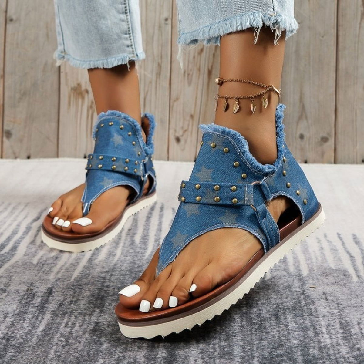 Studded Raw Hem Flat Sandals - ShopEbonyMonique
