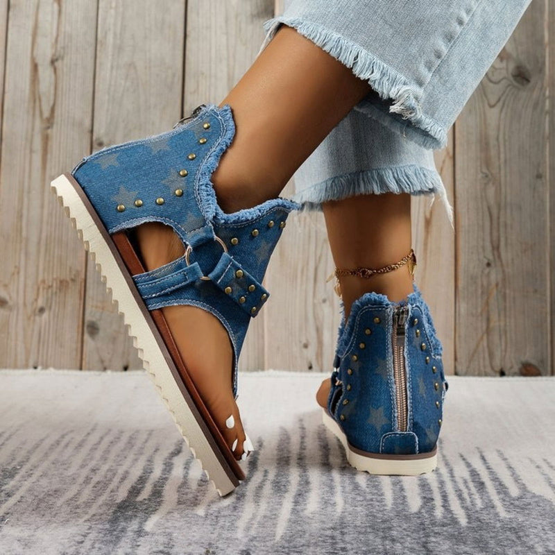 Studded Raw Hem Flat Sandals - ShopEbonyMonique