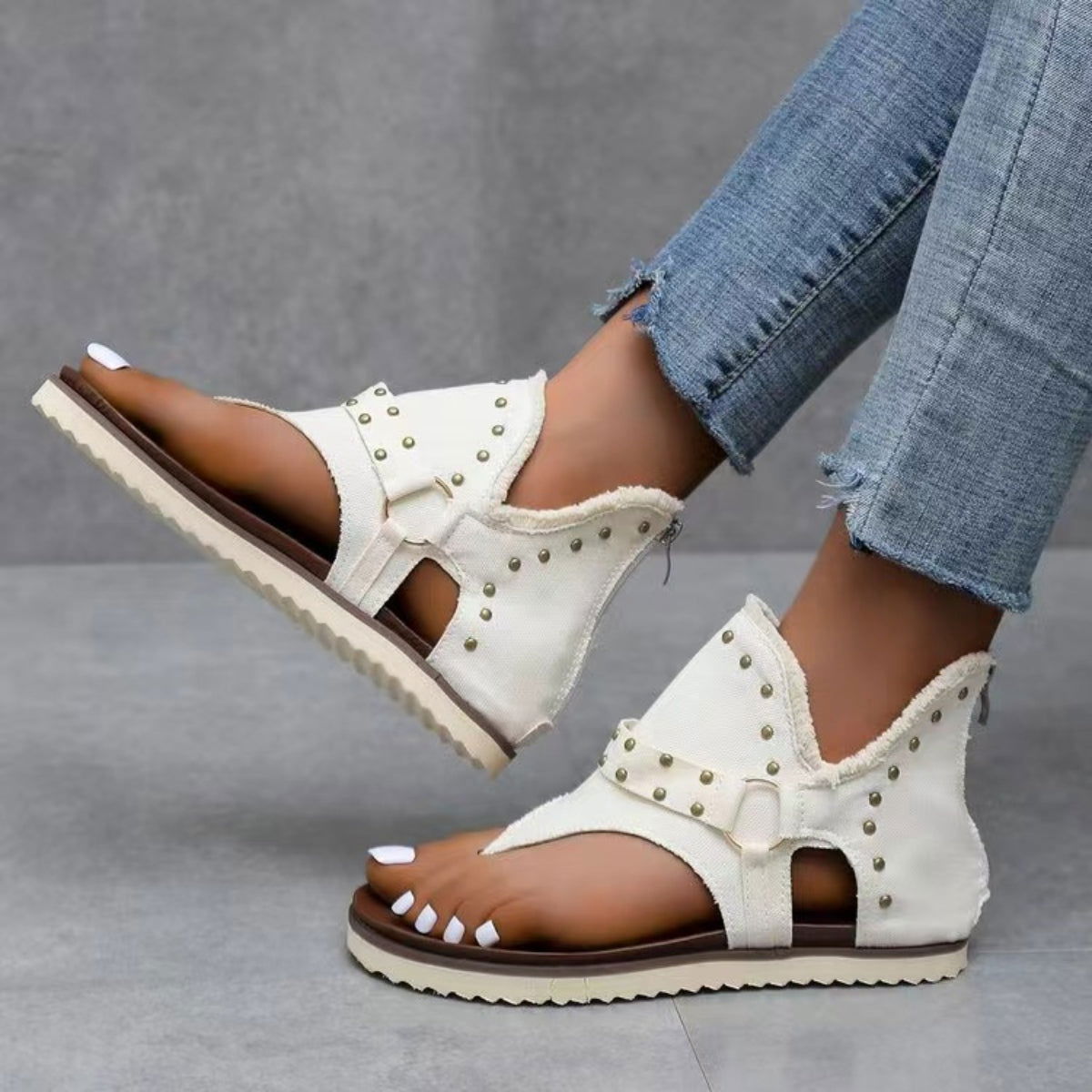 Studded Raw Hem Flat Sandals - ShopEbonyMonique