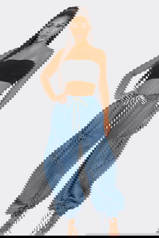 Urban Chic Drawstring Denim Cargo Pants - ShopEbonyMonique