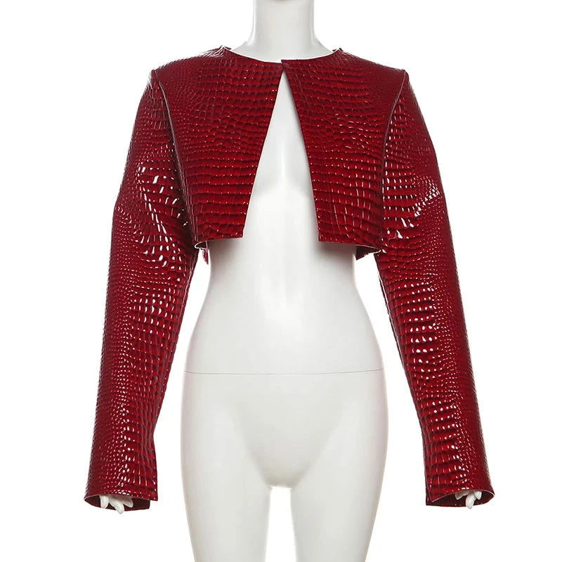 Women O Neck Long Sleeve PU Cropped Jackets - ShopEbonyMonique