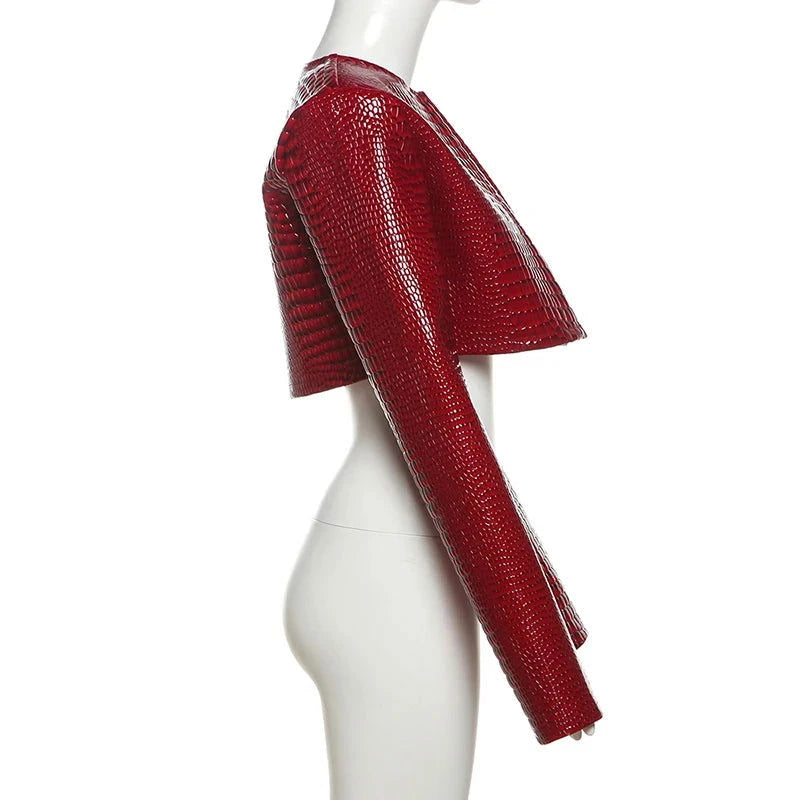 Women O Neck Long Sleeve PU Cropped Jackets - ShopEbonyMonique