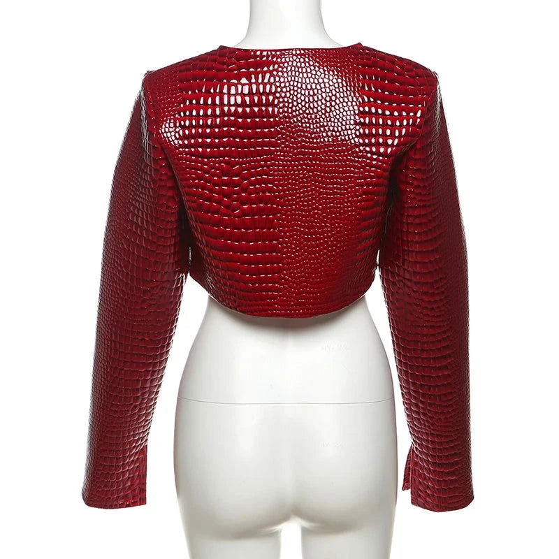 Women O Neck Long Sleeve PU Cropped Jackets - ShopEbonyMonique