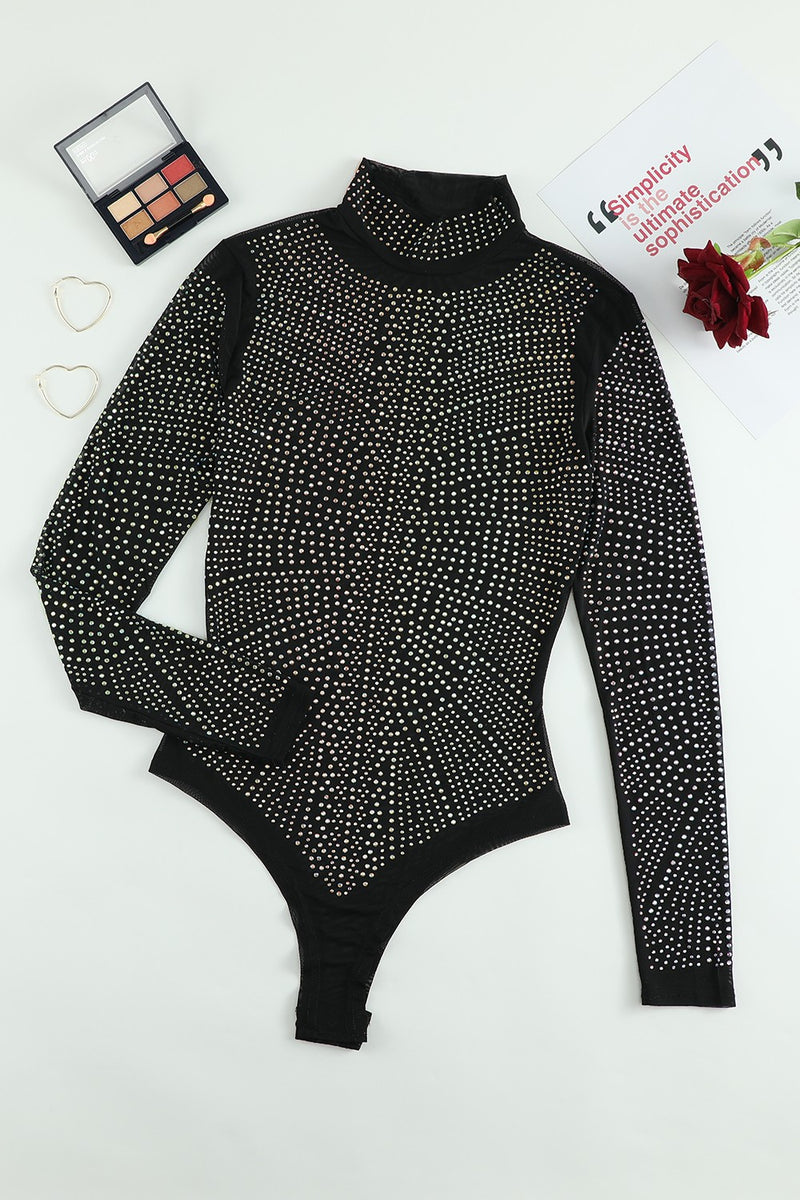 Rhinestone Mock Neck Long Sleeve Bodysuit - ShopEbonyMonique