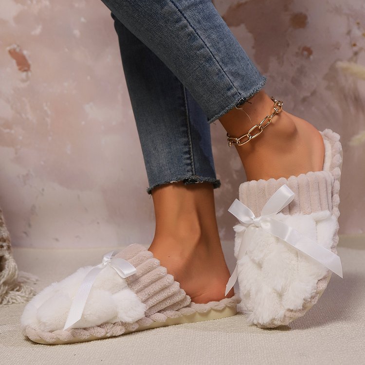 Bow Trim Contrast Slippers - ShopEbonyMonique