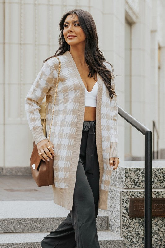 Women Khaki Open Front Plaid Long Cardigan - ShopEbonyMonique