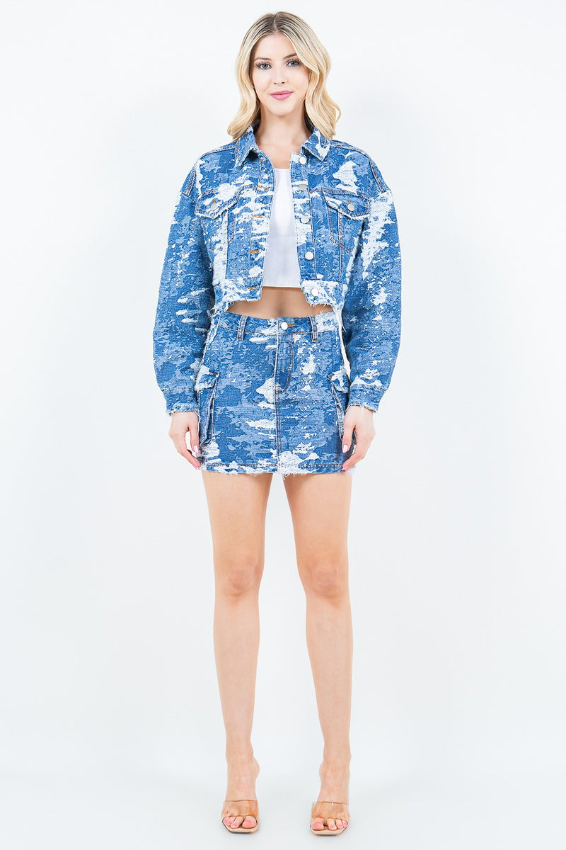 Jacquard Trim Cropped Denim Jacket - ShopEbonyMonique