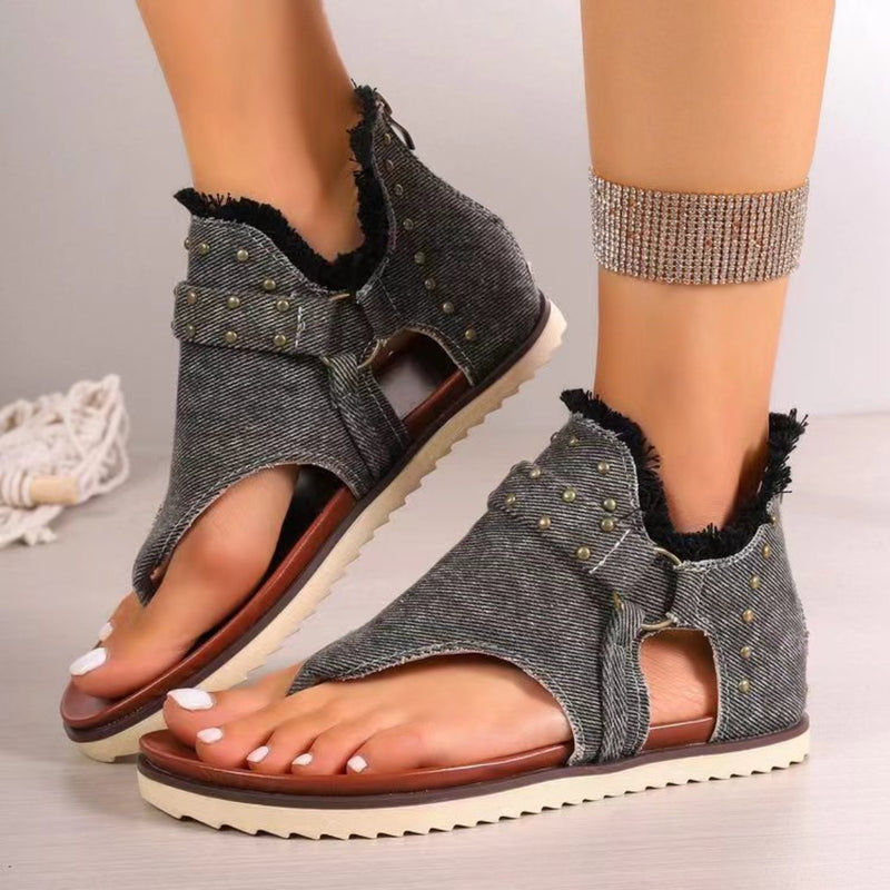 Studded Raw Hem Flat Sandals - ShopEbonyMonique