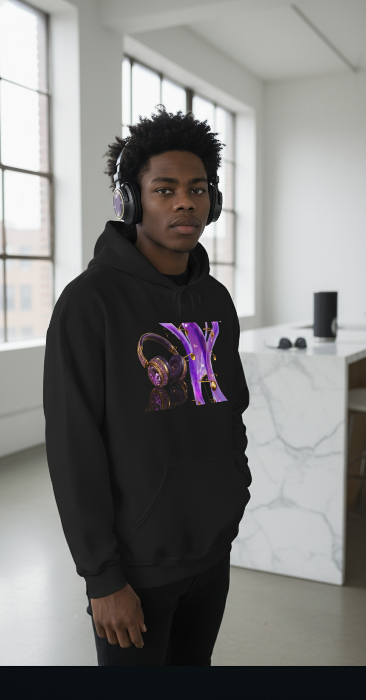 Galaxy Music Letter X Hoodie — Purple Space Headphones Graphic Pullover