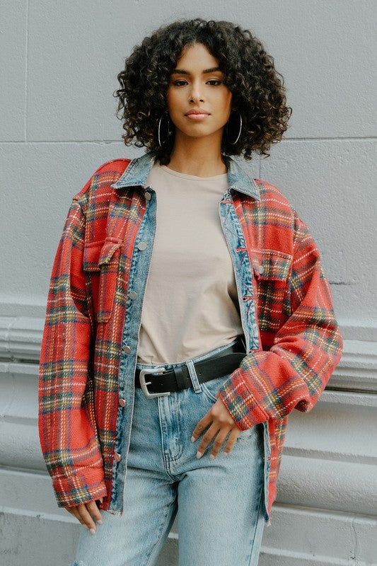 Unisex Flannel Shacket With Denim Contrast - ShopEbonyMonique